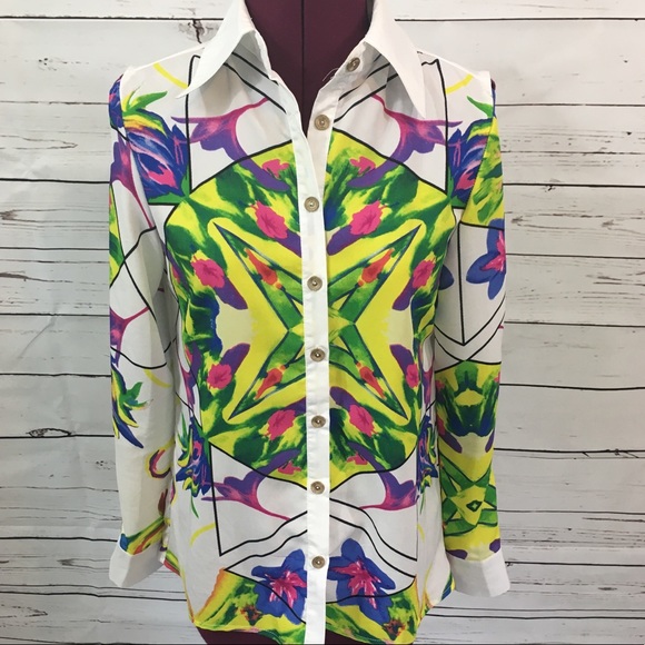 Cold Shoulder Abstract Button Down Blouse - Picture 1 of 6